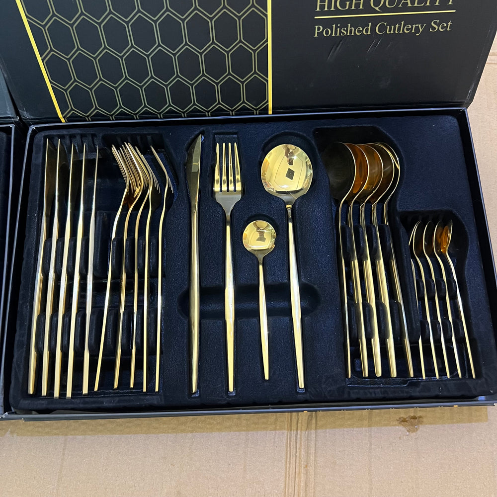 Lot Imported 24 Piece Golden & Black Cutlery set